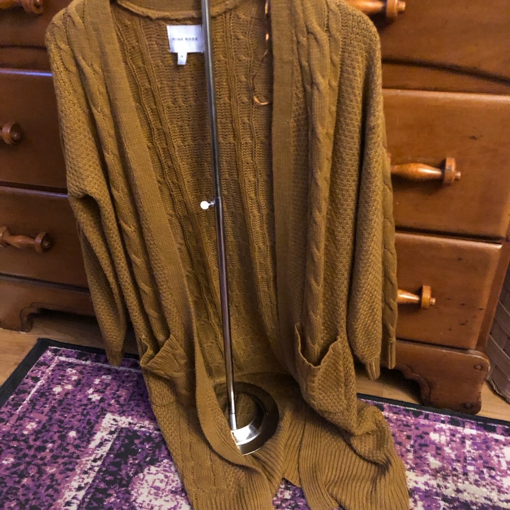 Pink Rose Cable Knit Longline Cardigan in Mustard